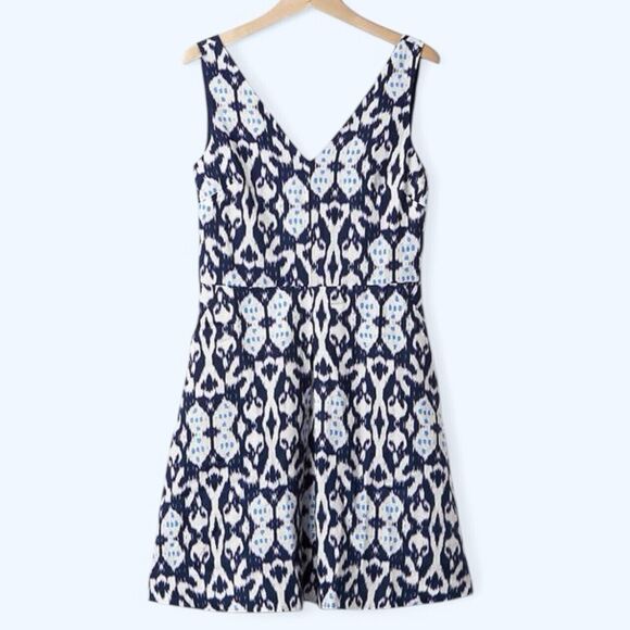 Gap Fit & Flare Dress 100% Linen Size 12 Navy And White Printed Sleeveless Tank - Picture 1 of 8